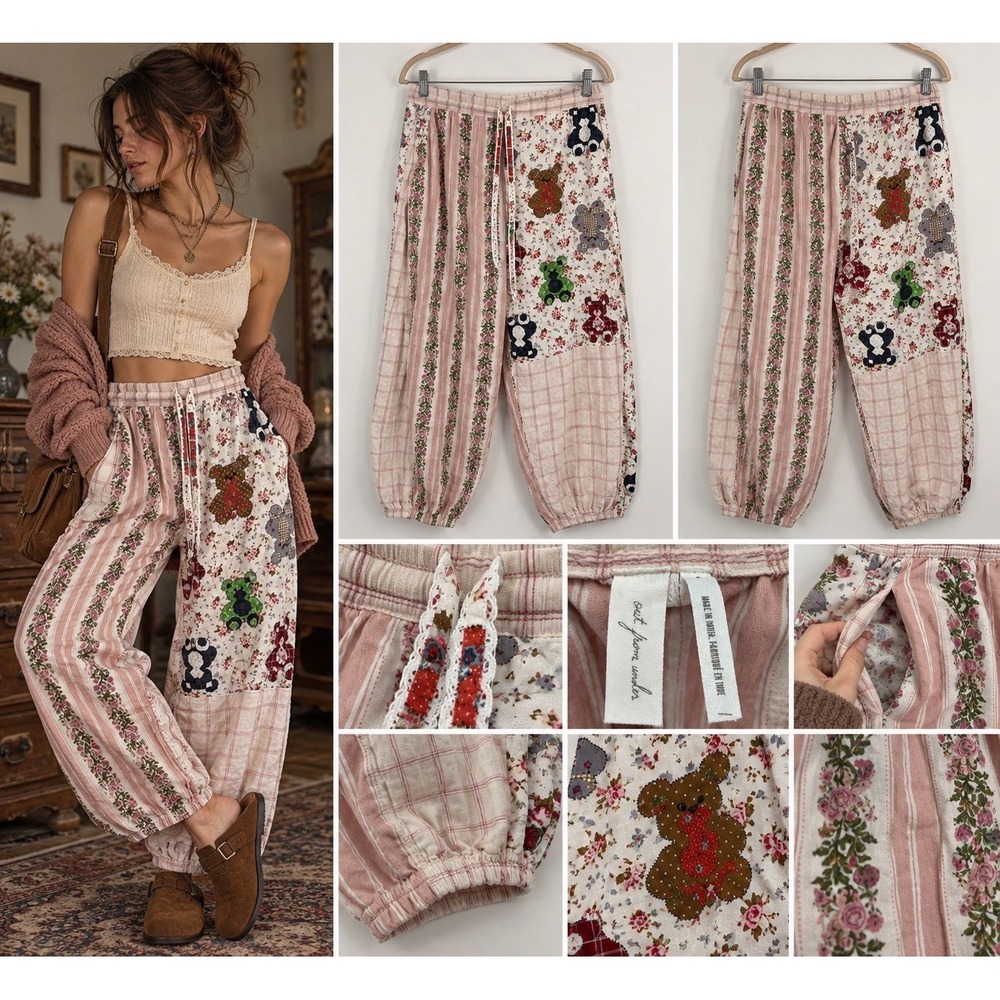UO Out From Under Pants S Patchwork Teddy Bear Floral Cottagecore Boho Quilt
